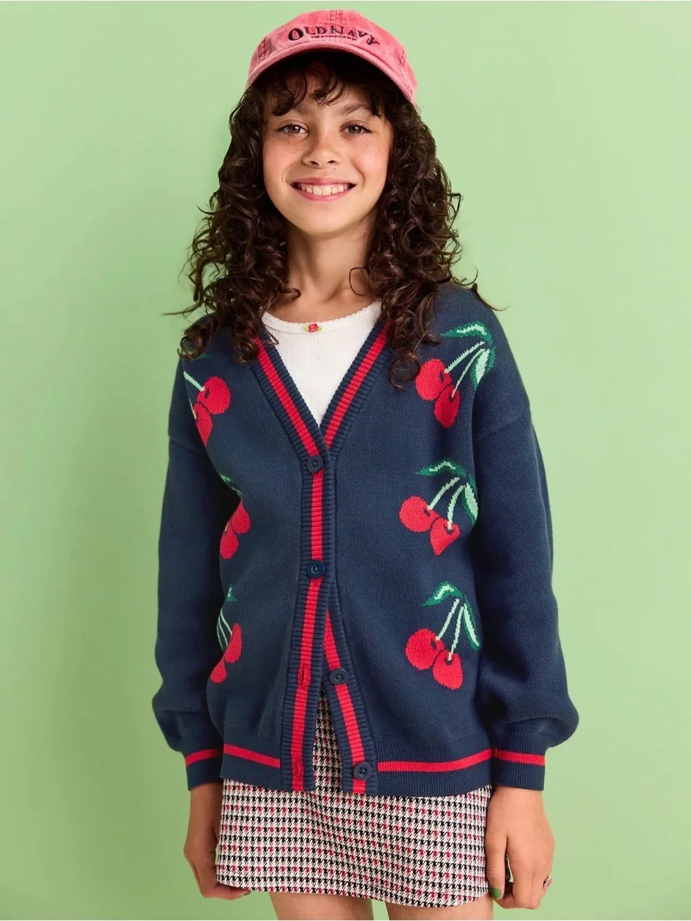 Old Navy Slouchy Long-Sleeve Cherry Print Cardigan Sweater, Navy/Red, Size M (8)